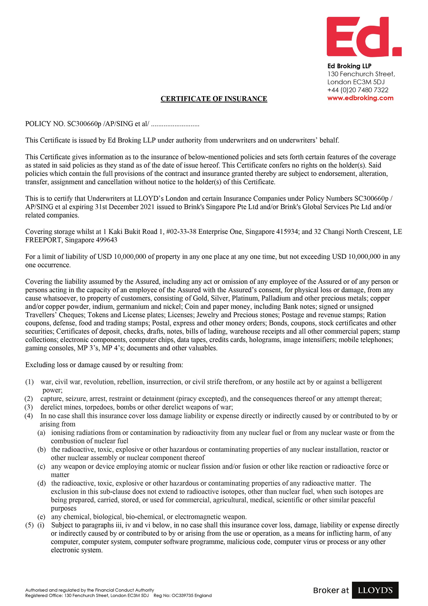 BRINKS Yearly Insurance Renewal Statement (2021)