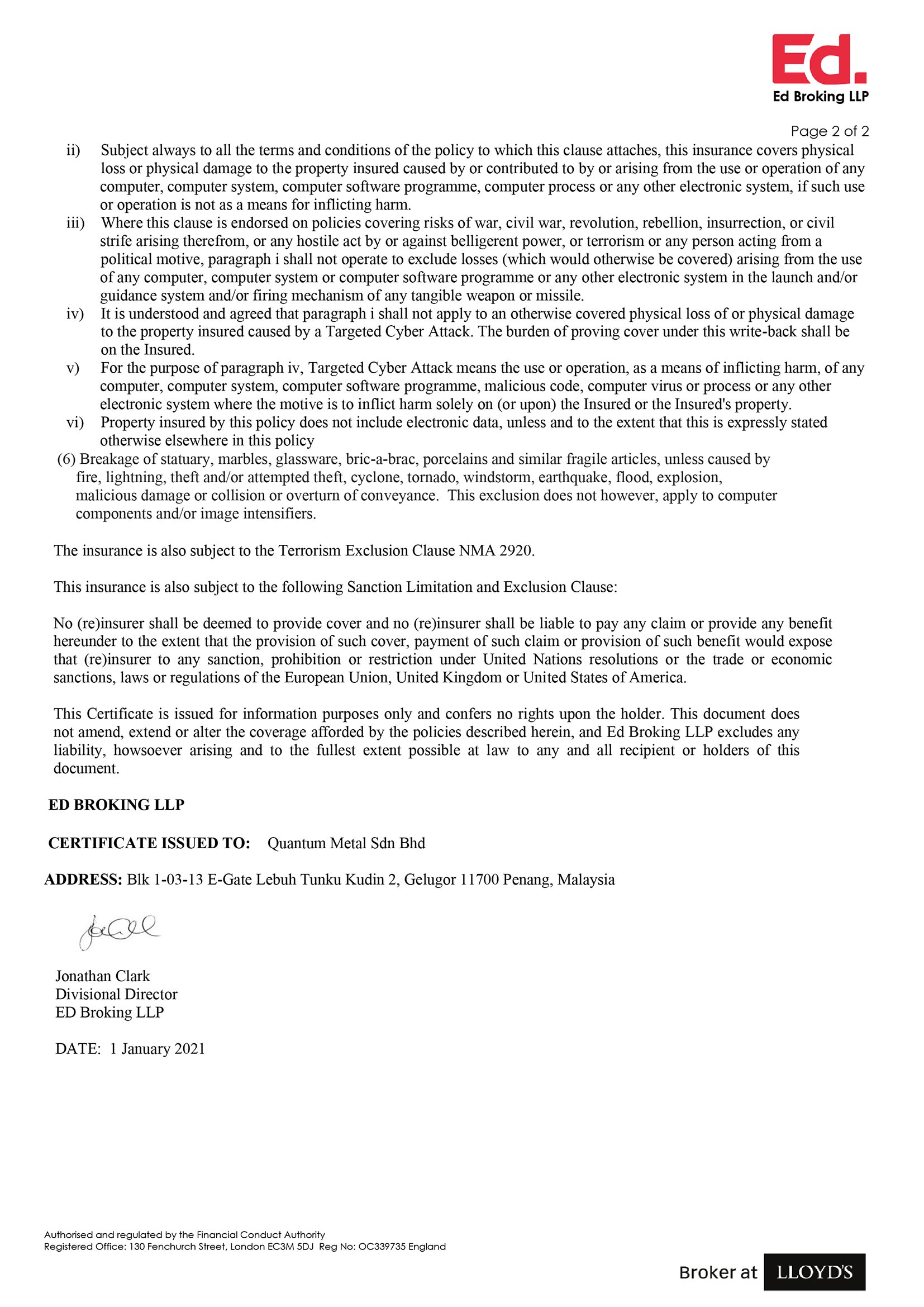 BRINKS Yearly Insurance Renewal Statement (2021)